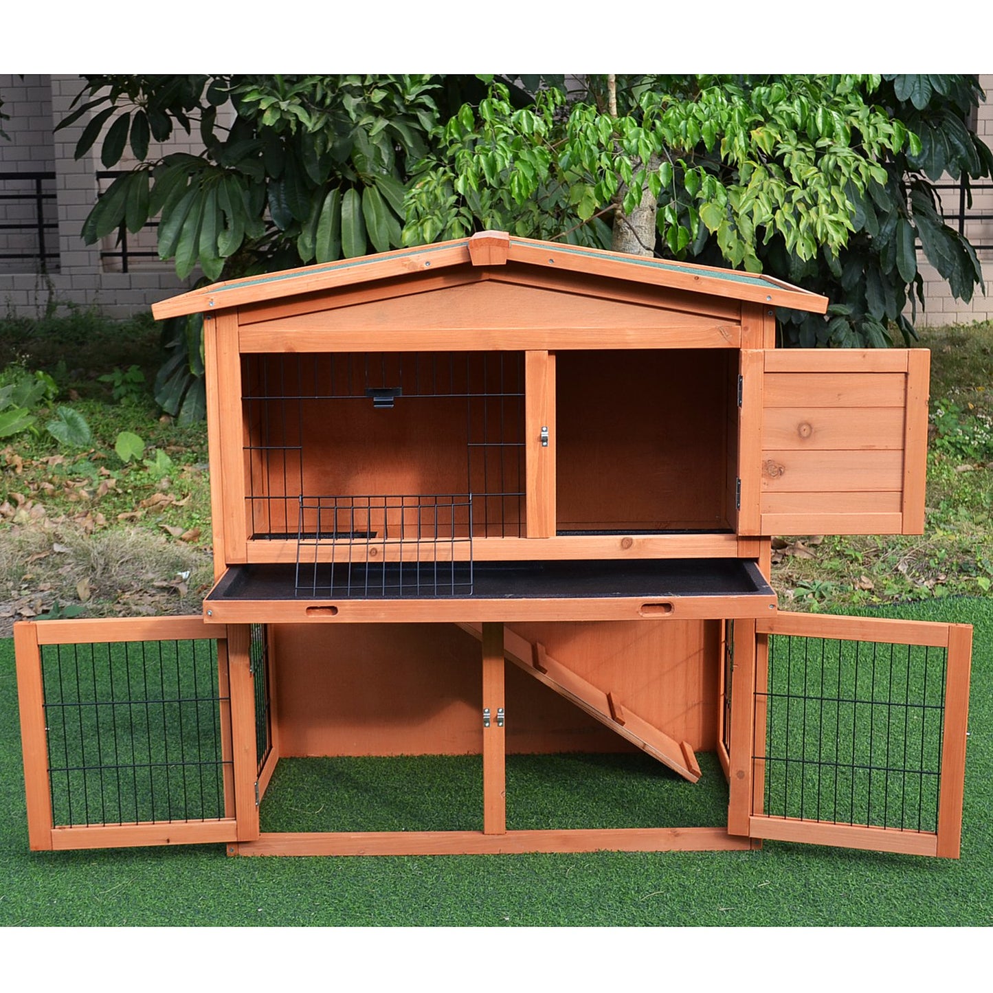 PawHut Wood 40" Rabbit Hutch Small Animal Habitats with Run